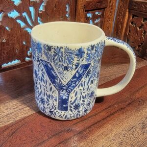 Anthropologie Folk Song Monogram Mug "Y" Blue Floral